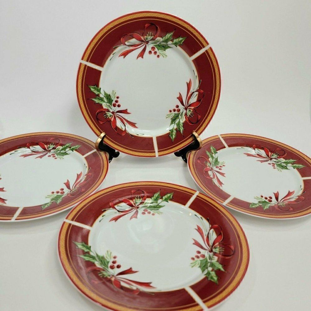 4 Gibson Everyday  Holly Berries & Ribbon 7 3/4" S‎